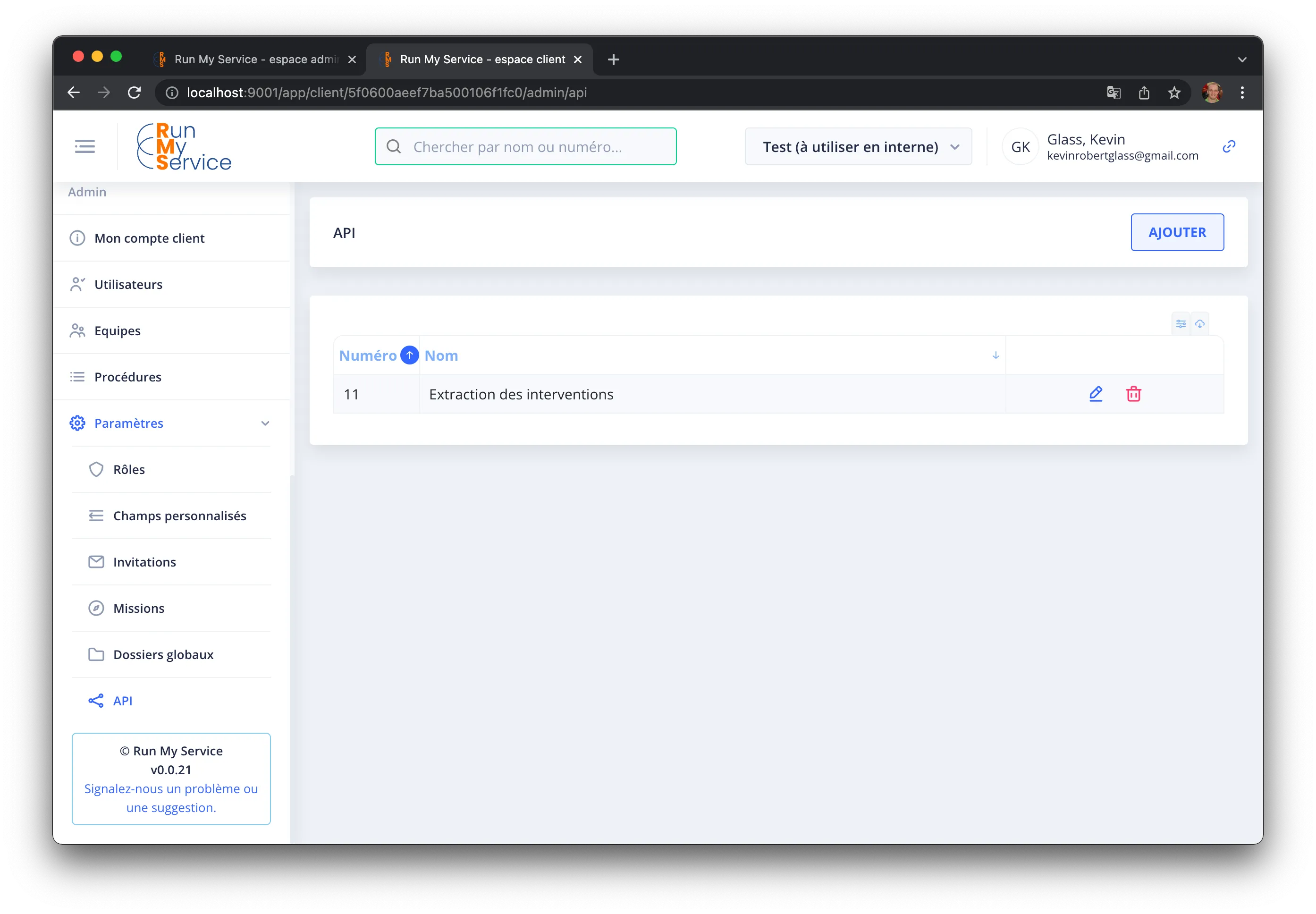 Écran Paramètres > API de app.runmyservice.com listant les clés d’accès actives et le bouton Ajouter