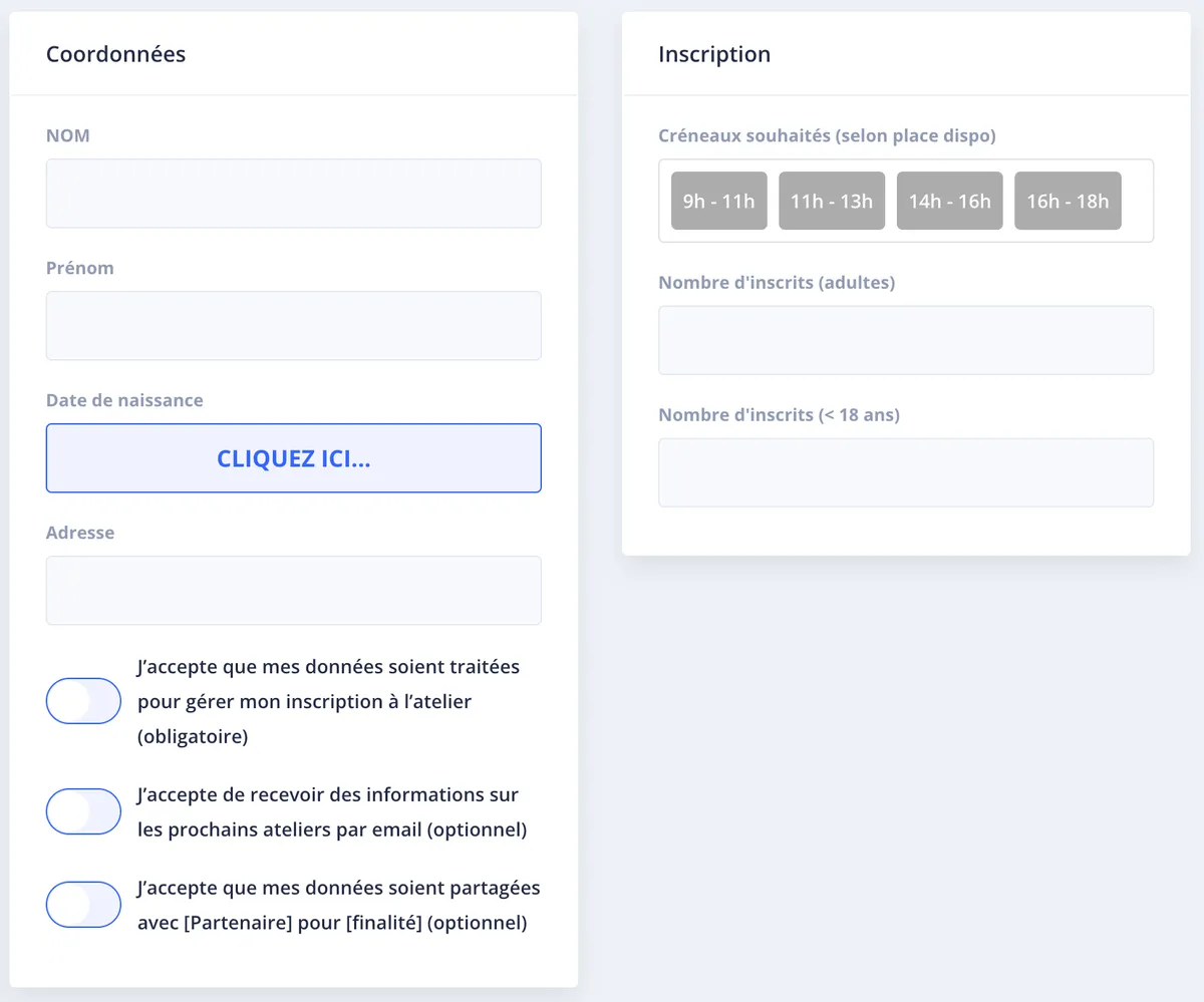 Formulaire d'inscription construit avec des champs personnalisés RMS : sections Coordonnées et Inscription, champs texte, sélecteur de date, choix multiple de créneaux et cases de consentement