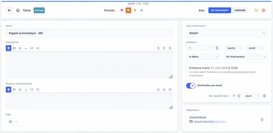 Configuration d'une tâche de check-list et de son échéance