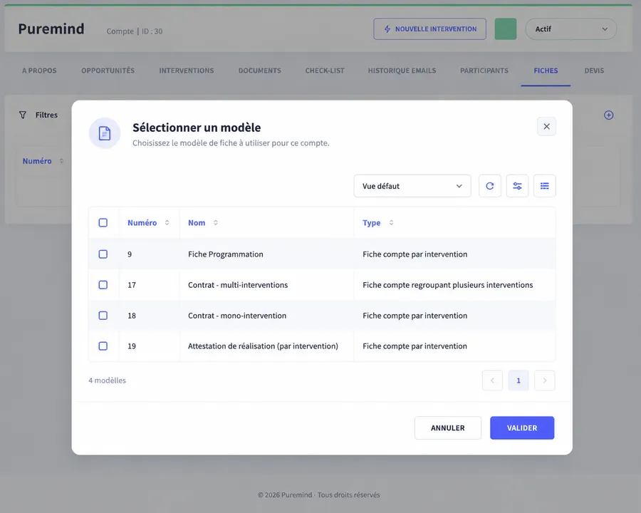 Liste des modèles de contrats disponibles