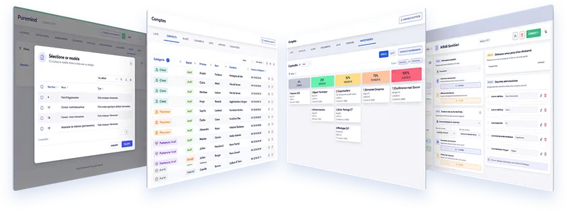 Quatre écrans du CRM RMS : choix d’un modèle de document, liste des contacts par catégorie, opportunités en colonnes par probabilité et fiche contact