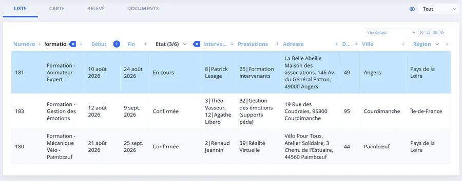 Liste des formations dans Run My Service, avec intitulé, dates et statut de chaque session