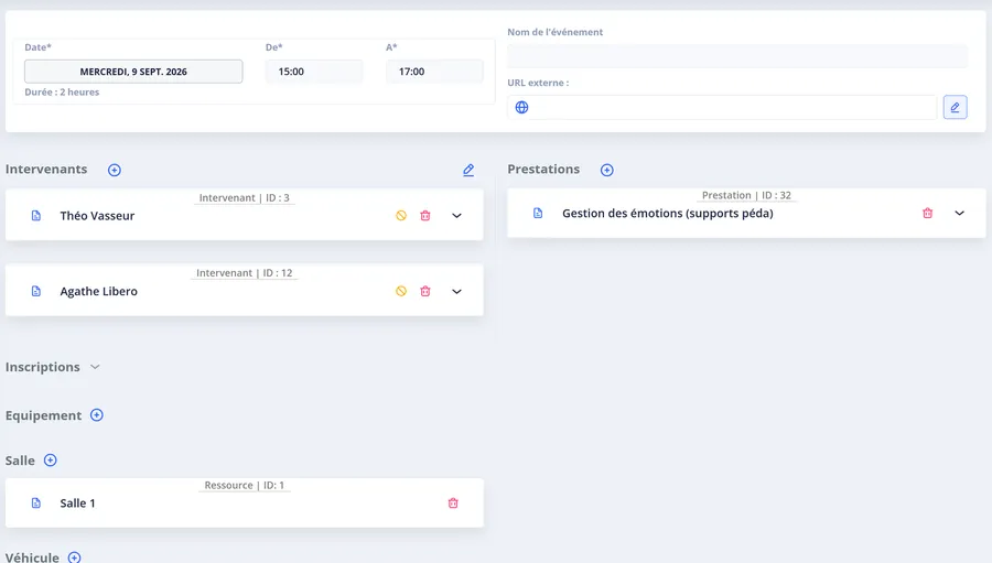 Fiche détaillée d'un événement de formation dans le planning
