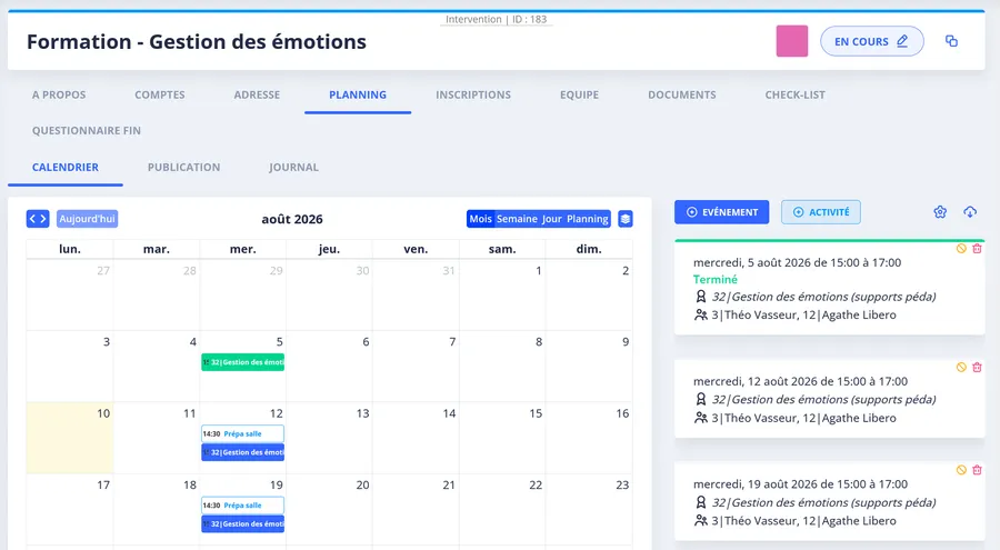 Planning des formations affiché sous forme de calendrier hebdomadaire