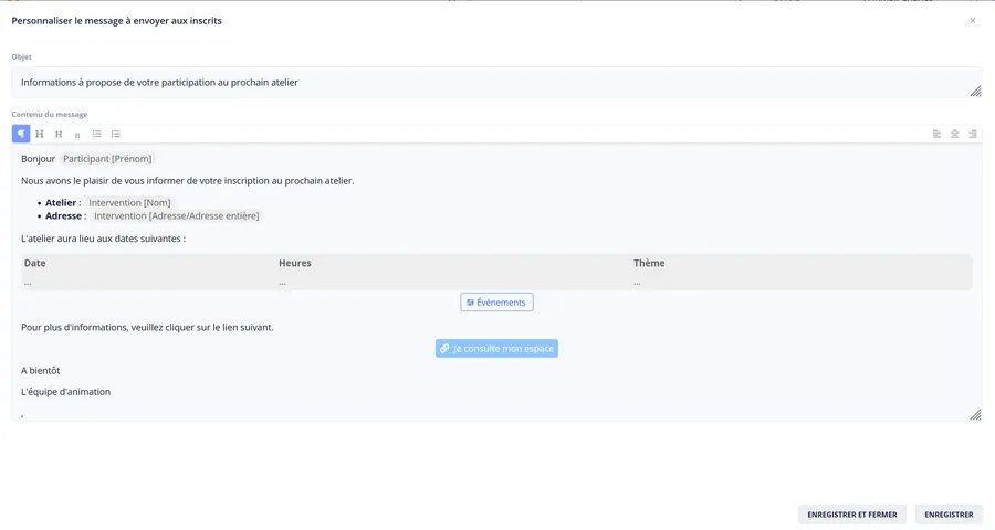 Configuration des e-mails envoyés aux participants