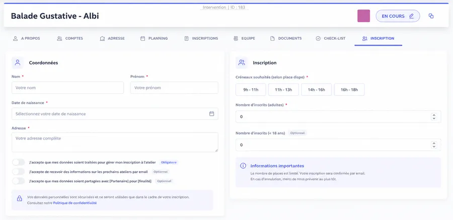 Formulaire d'inscription en ligne configurable