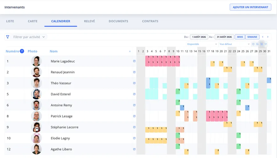 Vue calendrier des affectations d'un intervenant