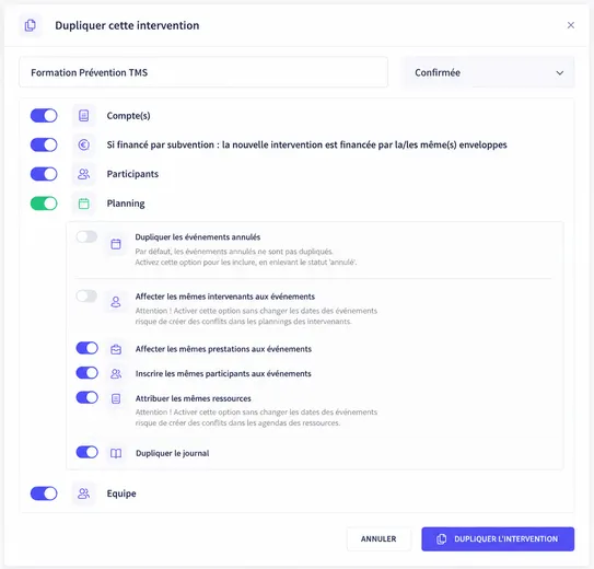 Duplication d'une intervention existante pour une campagne récurrente
