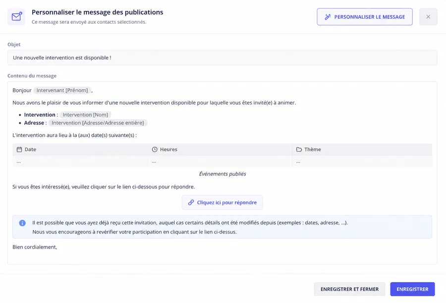 Personnalisation de l'invitation envoyée aux intervenants pressentis