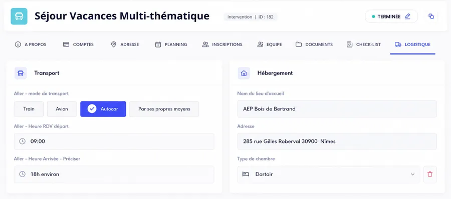Fiche logistique d'un séjour : hébergement, transport, encadrement