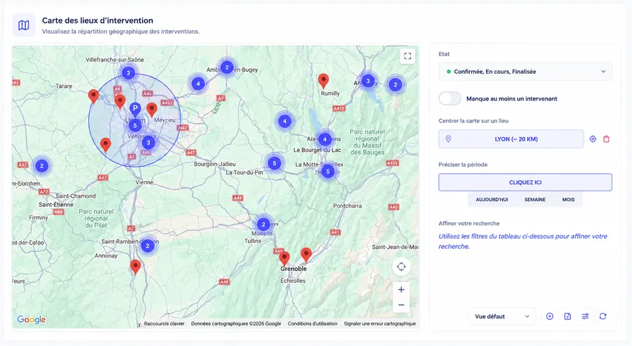 Carte des interventions de médiation sur l'agglomération lyonnaise