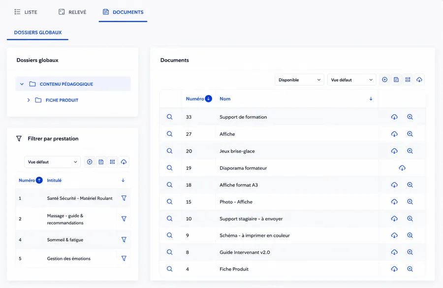 Vue globale des documents rattachés aux prestations