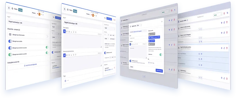 Quatre écrans des workflows RMS : tâche avec check-list d’envoi, rappel automatique, ajout d’une tâche à une procédure et étapes de la procédure